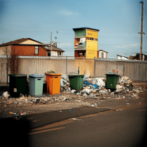 Bins for junk and recycling, overflowing with rubbish that has not been collected